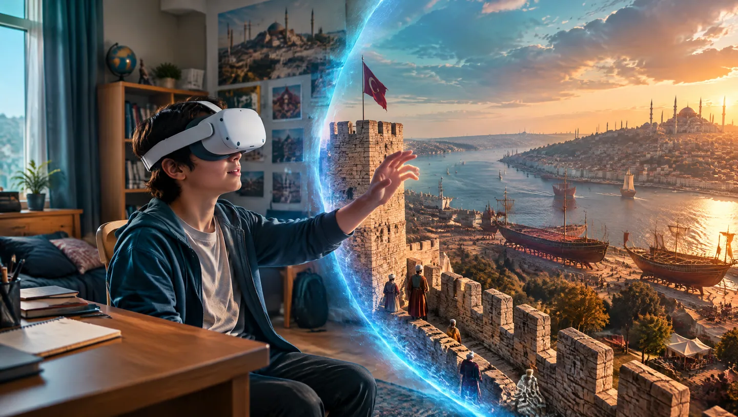 Evde VR gözlüğü takan bir öğrenci, temsili tarih sahnesinde İstanbul surlarını ve gemileri keşfediyor