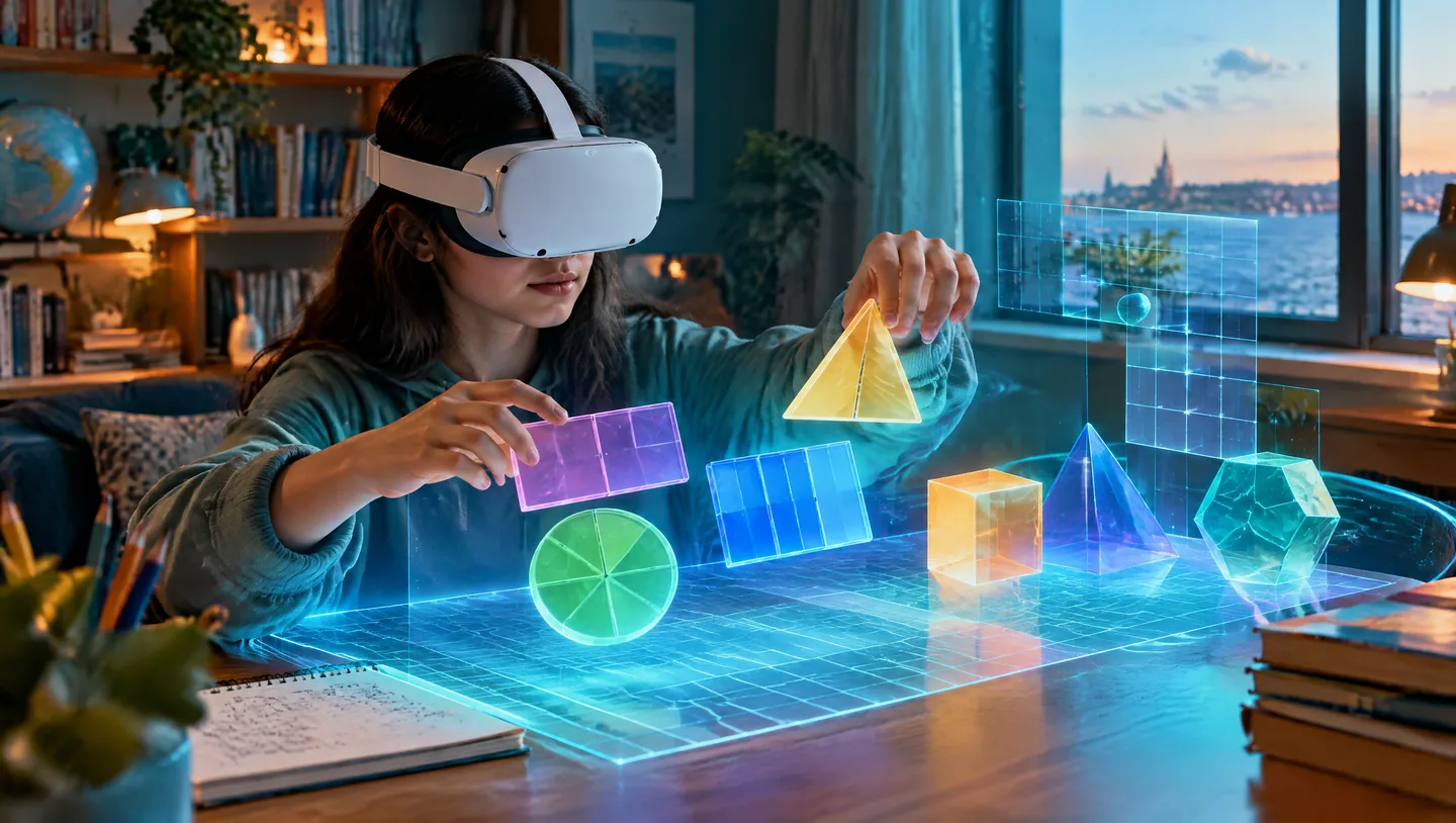 Evde VR gözlüğü takan bir öğrenci, temsili sanal matematik dünyasında kesirleri ve geometrik şekilleri eliyle düzenliyor