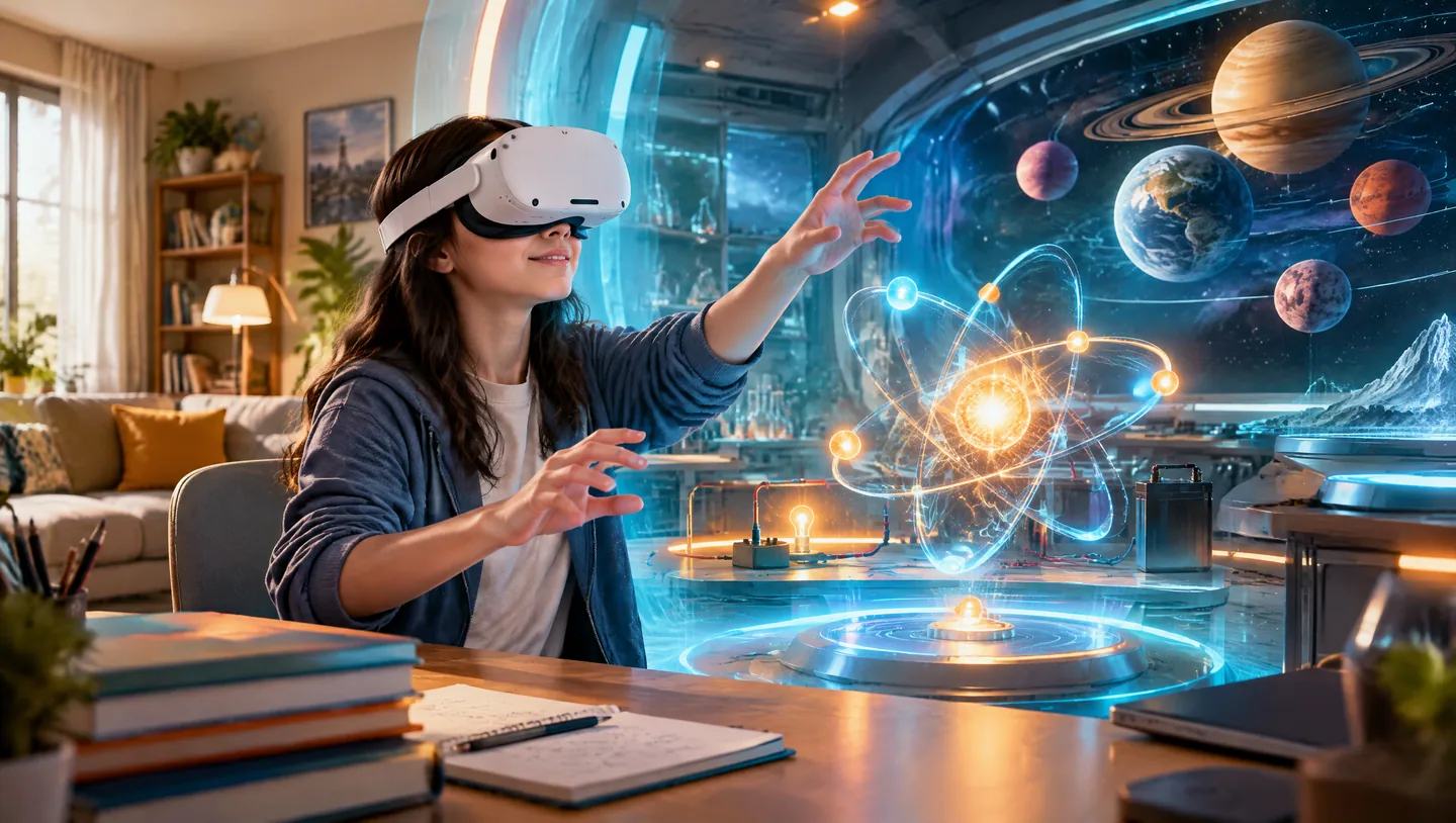 Evde VR gözlüğü takan bir öğrenci, temsili sanal fen laboratuvarında atom ve gezegenleri keşfediyor